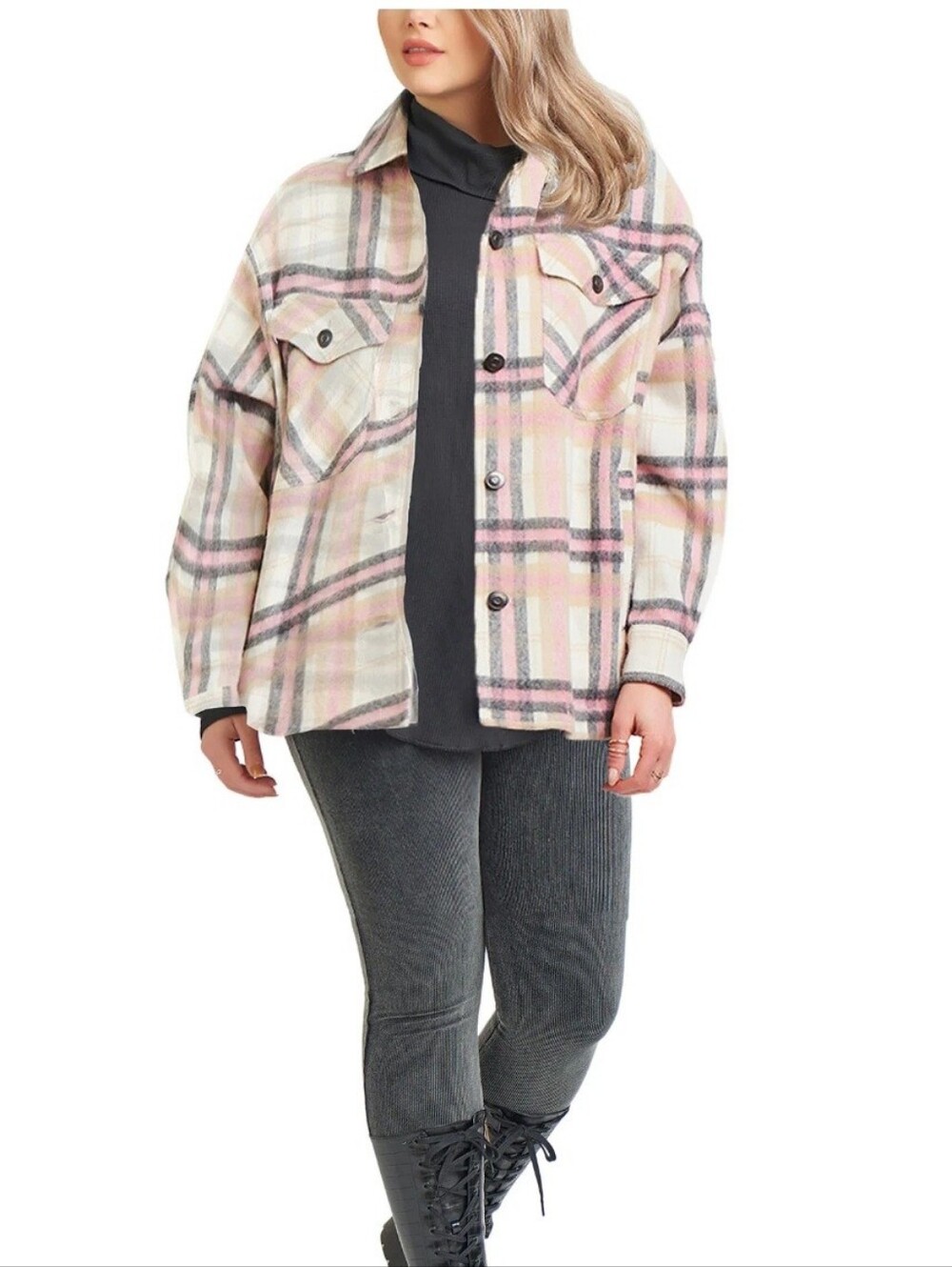 Black Tape_ Cream and Pink Plaid Button-Front Shacket